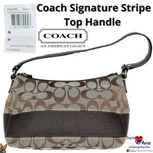 Coach Signature Stripe Top Handle Pouch MSRP $148 F45799 SKHMA SV/Khaki/Mahogany